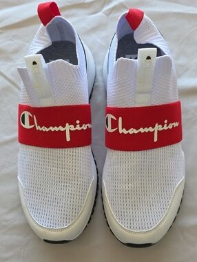 Champion White Slip-On Sneakers with Red Logo Strap